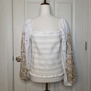 Anthropologie White & Gold Embroidered Puff Sleeve Top